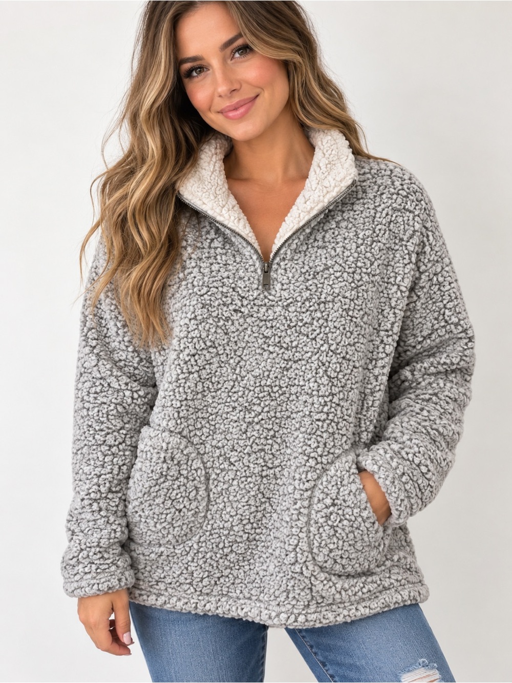Love Tree Light Gray Sherpa Teddy Half-Zip Jacket with Cream Lining
